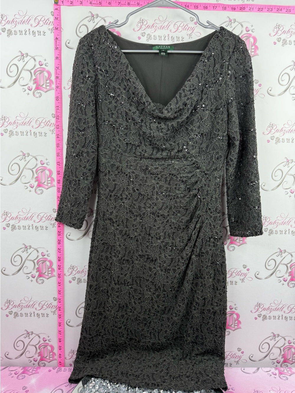 Ralph Lauren dress black beaded Charcoal Lace Cowl-Neck Long Sleeve Dress